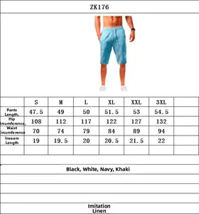 Detailed size chart for men's linen shorts showing waist and length measurements in cm