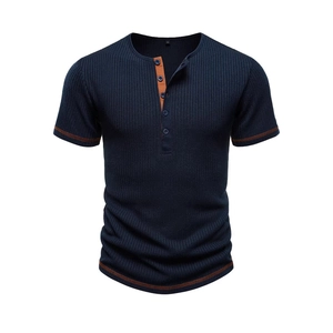 Men's navy vertical knit short sleeve Henley t-shirt with orange contrast stitching details