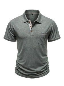 Detailed view of gray melange men's polo shirt with front pocket and three-button placket