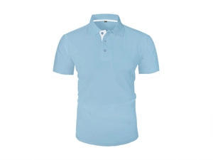 Macro detail of light blue waffle knit fabric on polo shirt with contrast white trim