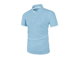 Close-up of light blue polo shirt with waffle knit texture and white contrast sleeve cuff