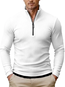 Men's slim fit quarter-zip white ribbed knit sweater featuring high elasticity fabric