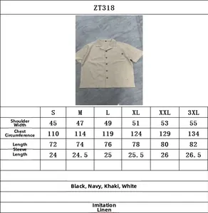 Size chart detail for men linen fashion set with measurements from S to 3XL
