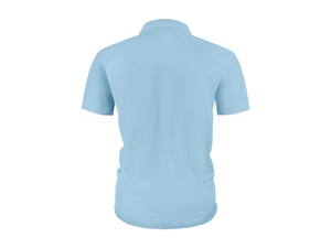 Detail view showing light blue waffle knit texture and white trim on the polo shirt back