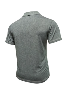 Rear view of a men's short-sleeved polo shirt in heather grey with a premium knit texture