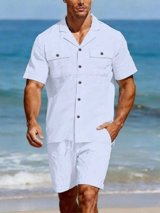Detailed texture of white linen shirt with wooden buttons and drawstring shorts