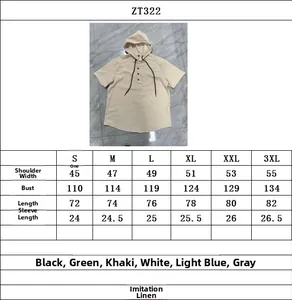 Detailed size chart for men's linen short sleeve hooded henley shirt and shorts set