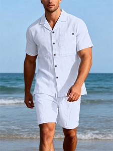 Detail of white linen blend summer set featuring a pocket shirt and drawstring shorts
