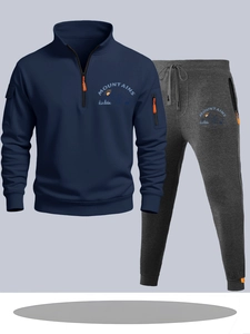 Survêtement homme avec sweat bleu marine à demi-zip et pantalon gris foncé avec imprimé MOUNTAINS