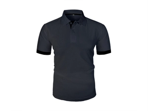 Detail of dark grey polo shirt showing waffle knit texture and black ribbed cuffs