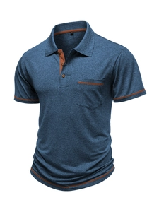 Detail view of heather blue polo shirt with brown contrast trim and front pocket