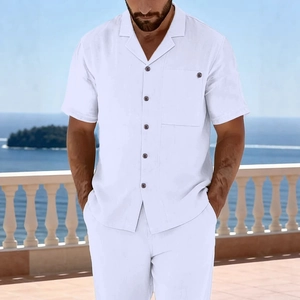 Men's Casual Linen Blend Short Sleeve Shirt Summer Beach Loose Solid Color Lapel Top Breathable Button Up Shirt