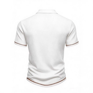 Men's white short sleeve polo shirt with vertical ribs and contrast brown stitching