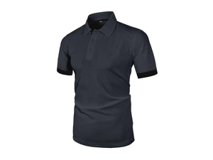 Detailed close-up of breathable mesh texture and buttoned polo collar on grey shirt