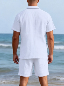 Rear view of men's white linen blend casual set with short sleeve shirt and matching shorts