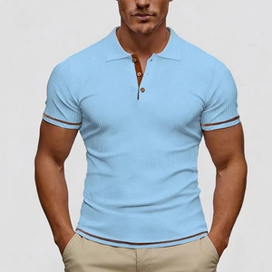 Men's light blue ribbed polo shirt with contrast tipping and classic lapel collar
