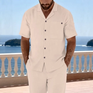 Men's casual linen short sleeve shirt and pants set for beach vacations in beige