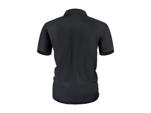 Detail of black polo shirt back view showing breathable honeycomb textured fabric knit