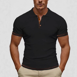 Men's slim fit black polo shirt with vertical stripes and brown trim details