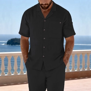 Men's casual black linen short sleeve shirt and trousers set with cuban collar for beach