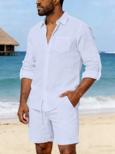 Detailed texture of white linen shirt and shorts on a man at the beach summer vacation