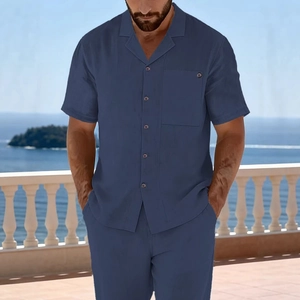 Men's navy blue linen blend short sleeve shirt and trousers set for summer beach leisure