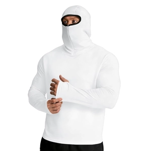 Detail of white sun protection shirt with integrated face mask hood and thumb holes