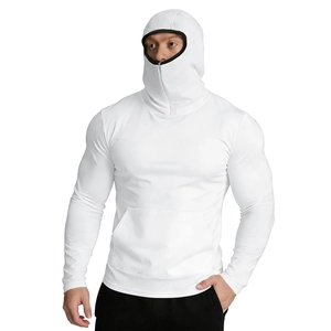 Detail of white ice silk sun protection hoodie with face mask and kangaroo pocket