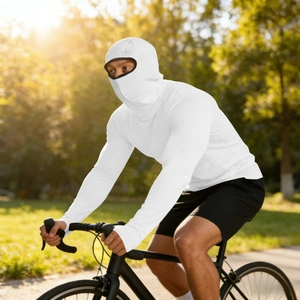 Men's white sun protection jacket with hood and face mask for outdoor cycling