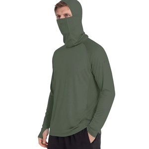Close-up of olive green sun protection jacket with built-in face mask and thumb holes