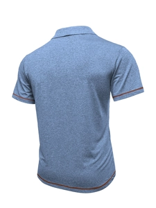Back view of blue heather polo shirt featuring contrast brown stitching on hem and sleeves