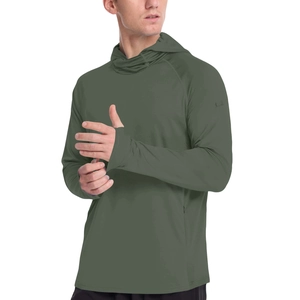 Detail of olive green sun protection hoodie with raglan sleeves and thumbhole cuffs