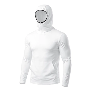 Detail view of white sun protection jacket with hood, face cover and kangaroo pocket