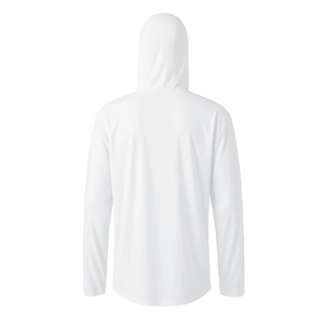 Rear view of white hooded ice silk sun protection jacket with breathable athletic fabric