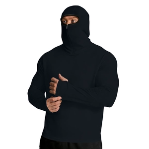 Detail of hooded sun protection jacket with integrated face mask and chin zipper