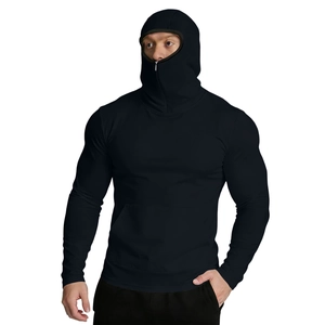 Detail of men's black ice silk sun protection jacket with integrated balaclava hood