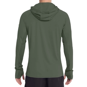 Detail view of olive green sun protection hoodie with breathable mesh and thumb holes
