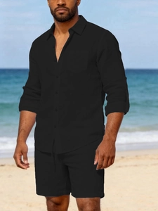 Men's summer linen set with black button-down long sleeve shirt and matching shorts