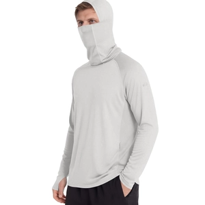 Detail view of men's lightweight sun protection jacket with built-in face mask