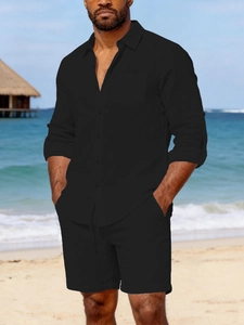Detail of men's linen casual shirt and shorts in black for tropical beach vacations
