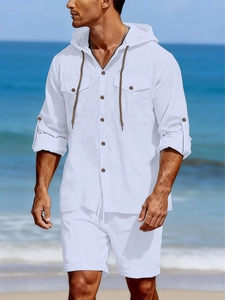 Détails de la chemise à capuche en lin blanc pour hommes avec boutons aspect bois