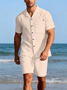 Detailed texture of beige linen fabric on a men's summer vacation short-sleeve shirt