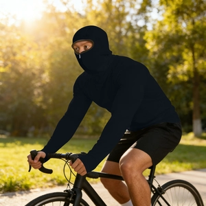 Close-up of black men's sun protection hoodie with integrated face mask and thumb holes