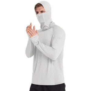 Detailed view of white hooded sun protection jacket with face mask and thumb hole cuffs