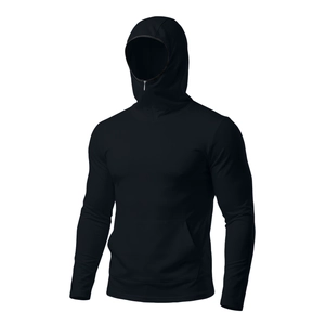 Detail of men's hooded sun protection jacket with built-in face mask and zipper design