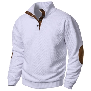 Detailed view of white waffle knit sweatshirt with brown suede elbow patches and collar