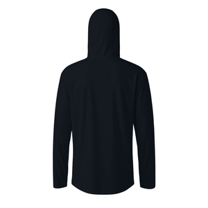 Back view of a men's black hooded sun protection jacket with breathable ice silk fabric