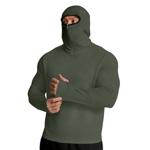 Detail of hood with full face coverage and thumb hole cuffs on men's sun protection jacket