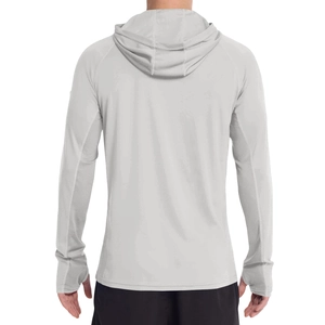 Rear view of light gray sun protection jacket showing breathable mesh and hood detail
