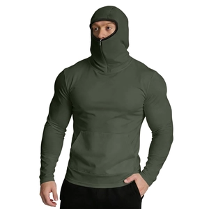 Detail of army green sun protection hoodie with integrated mask and kangaroo pocket